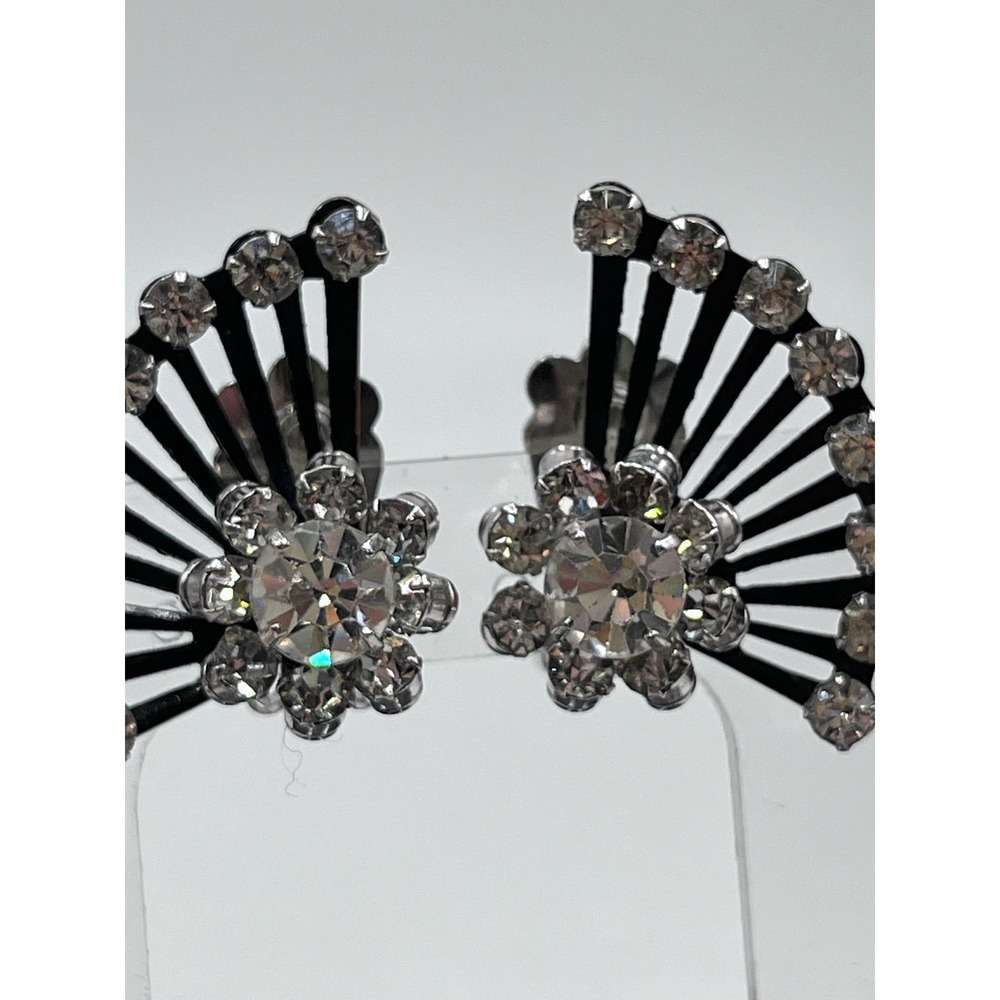 Coro Vintage Signed Rhinestone Clip-On Fan Silver Tone Black Crystal Earrings‎